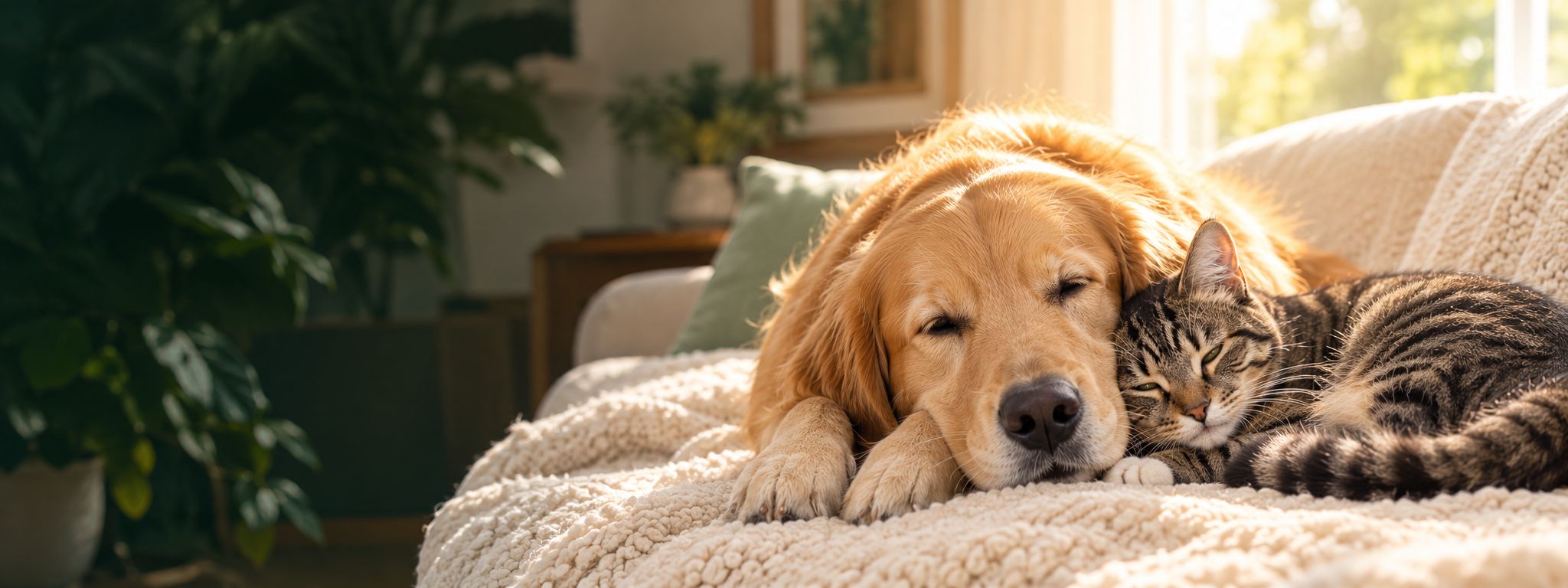 Dog and cat napping together