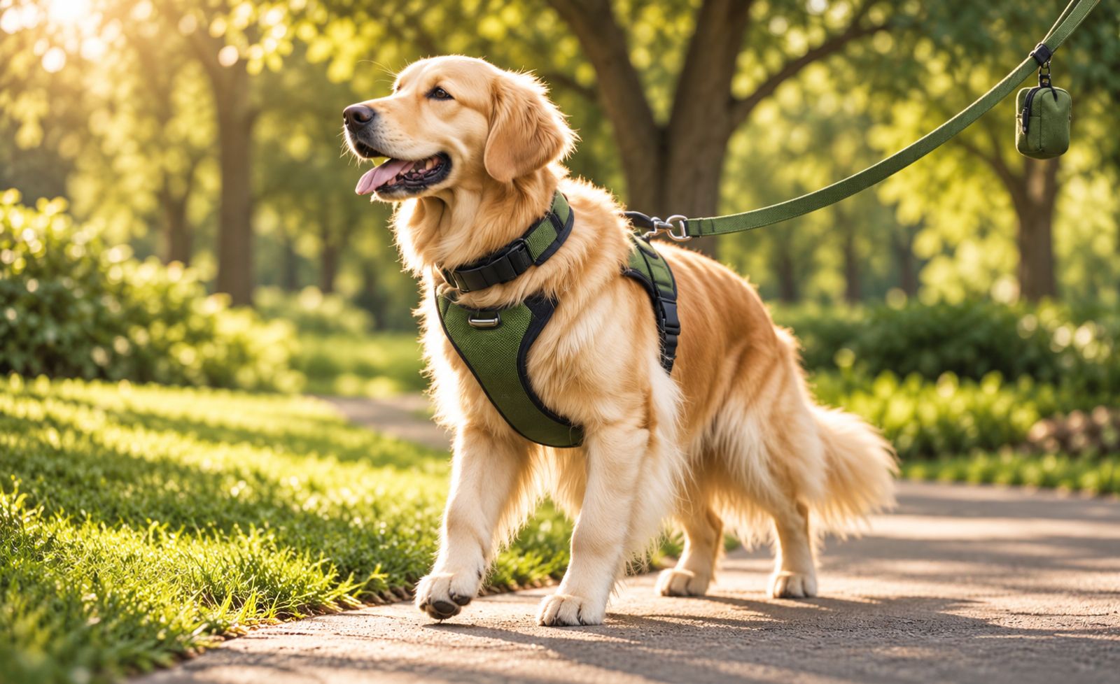 Golden retriever wearing a green harness and leash