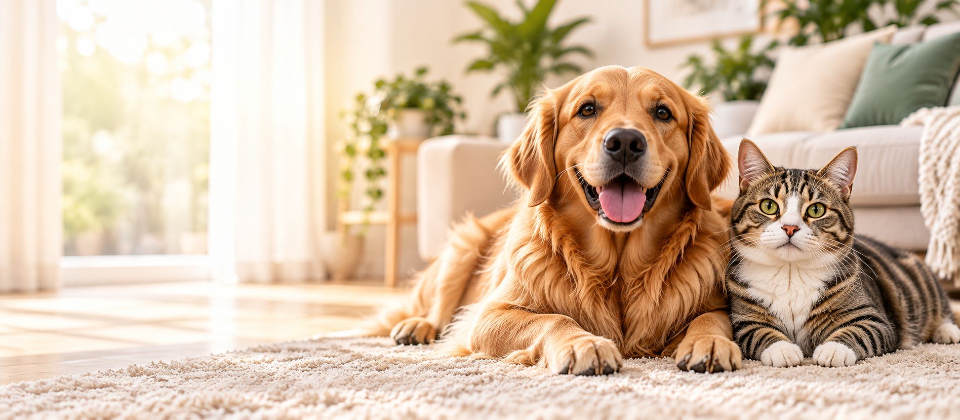 Golden retriever and tabby cat relaxing together