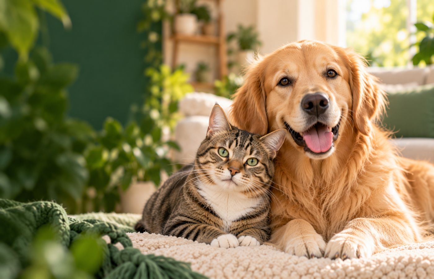 Dog and cat together among plants